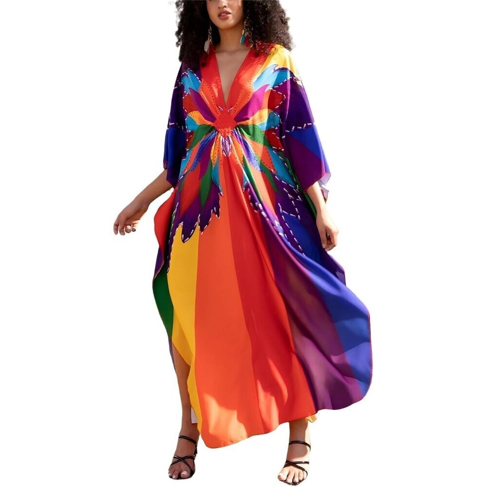 Women's Rainbow Butterfly Sleeve Kaftan Flowy Lightweight loungewear Caftan Maxi
